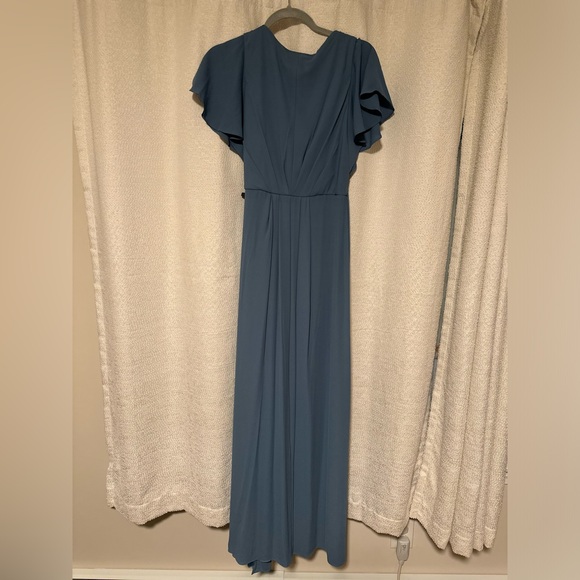 David’s Bridal Studio Flutter Sleeve Georgette Wrap Dress Steel Blue Size 6 - Picture 4 of 7